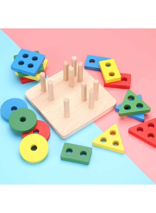 HIFINIT Montessori Wooden Shape Sorter Stacking Toy – Educational Peg Puzzle for Kids (4 Shapes, Colorful) - Image 3